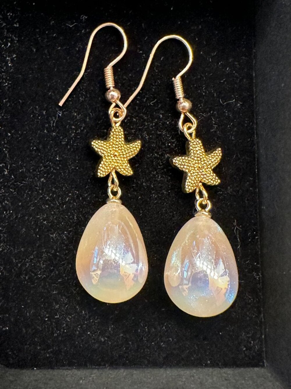 Handmade Opalescent Teardrop Earrings with Starfish – Shimmering & Iridescent